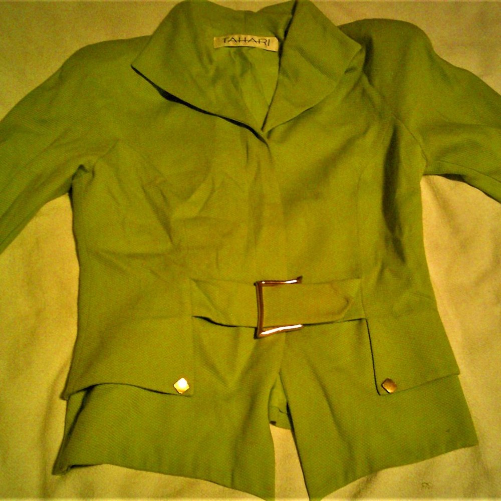 “TAHARI” Vintage Lime Green lined Jacket with shoulder pads, Size 12,